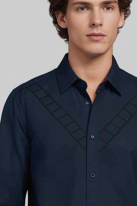 Buy_Hespoke_Navy Cotton Embroidery Geometric Casual Shirt _Online_at_Aza_Fashions