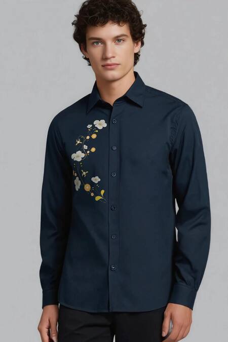 Buy_Hespoke_Navy Cotton Embroidery Floral Printed Casual Shirt _Online_at_Aza_Fashions