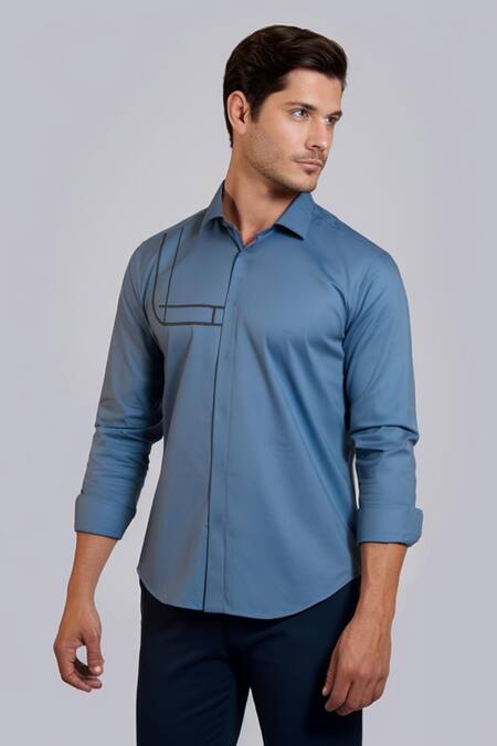 Buy Hespoke Blue Cotton, Lycra Embroidery Geometric Casual Shirt Online at Aza Fashions Buy_Hespoke_Blue Cotton, Lycra Embroidery Geometric Casual Shirt _Online_at_Aza_Fashions
