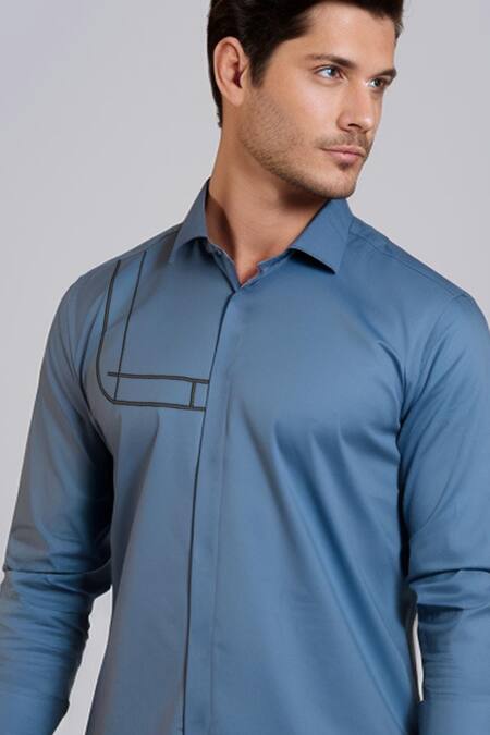 Shop Hespoke Blue Cotton, Lycra Embroidery Geometric Casual Shirt Online at Aza Fashions Shop_Hespoke_Blue Cotton, Lycra Embroidery Geometric Casual Shirt _Online_at_Aza_Fashions