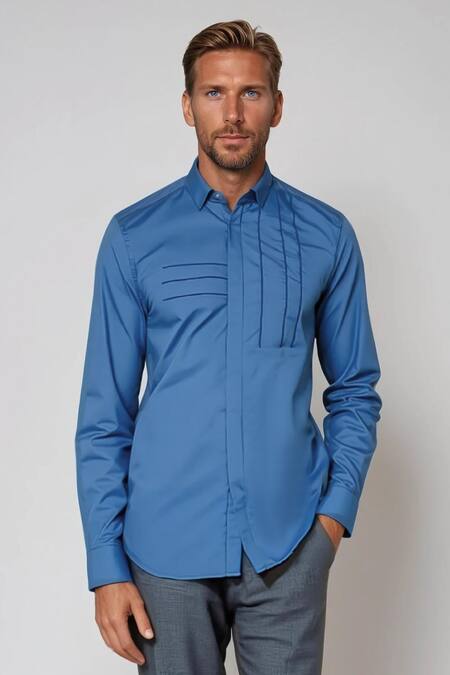 Buy_Hespoke_Blue Cotton, Lycra Embroidery Geometric Casual Shirt _Online_at_Aza_Fashions