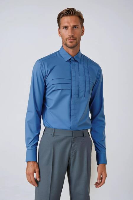 Shop_Hespoke_Blue Cotton, Lycra Embroidery Geometric Casual Shirt _Online_at_Aza_Fashions