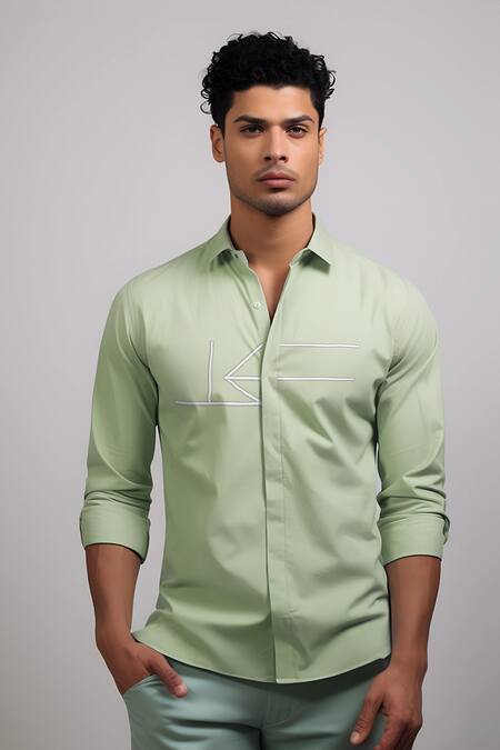 Hespoke_Green Cotton, Lycra Embroidery Geometric Casual Shirt _Online_at_Aza_Fashions