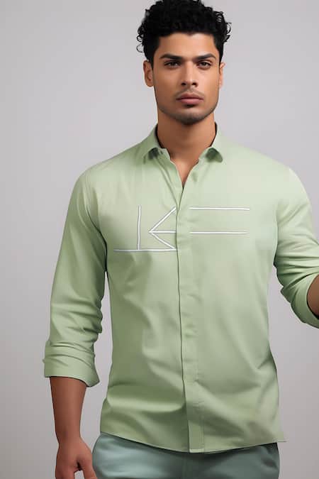Buy_Hespoke_Green Cotton, Lycra Embroidery Geometric Casual Shirt _Online_at_Aza_Fashions