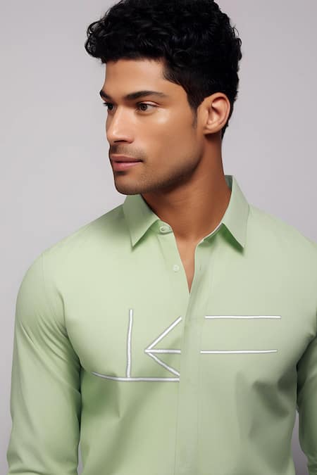 Shop_Hespoke_Green Cotton, Lycra Embroidery Geometric Casual Shirt _Online_at_Aza_Fashions