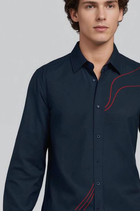 Hespoke_Navy Cotton Embroidery Abstract Casual Shirt _Online_at_Aza_Fashions