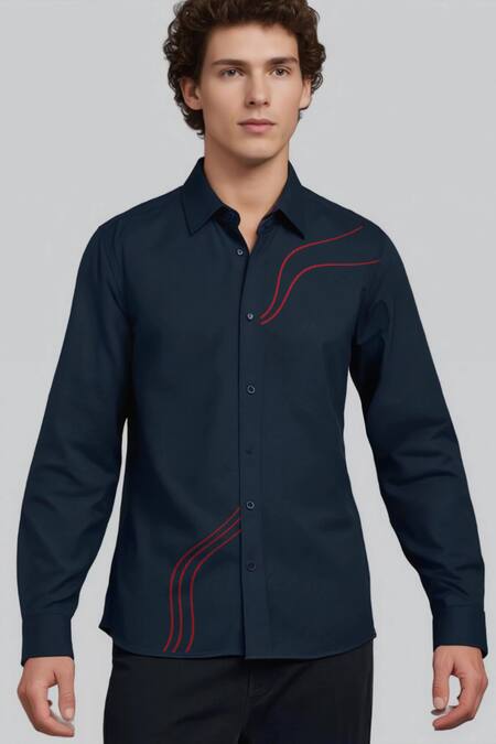 Buy_Hespoke_Navy Cotton Embroidery Abstract Casual Shirt _Online_at_Aza_Fashions