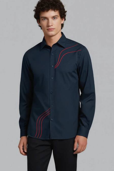 Shop_Hespoke_Navy Cotton Embroidery Abstract Casual Shirt _Online_at_Aza_Fashions