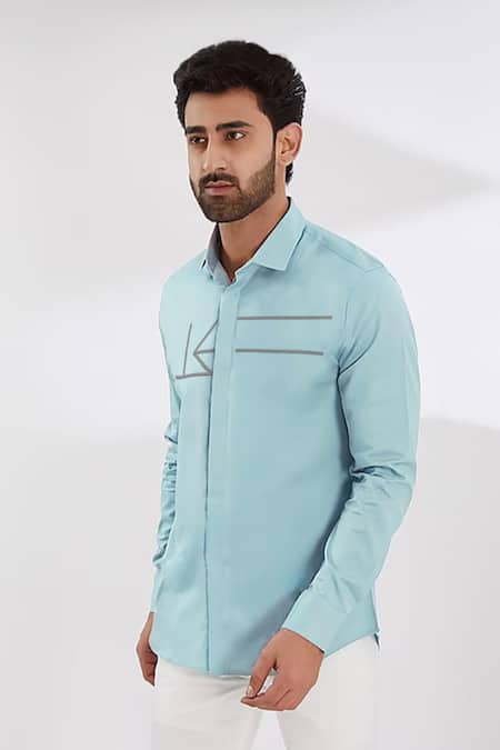 Hespoke_Blue Cotton, Lycra Embroidery Geometric Casual Shirt _Online_at_Aza_Fashions