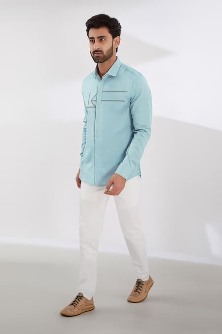 Shop_Hespoke_Blue Cotton, Lycra Embroidery Geometric Casual Shirt _Online_at_Aza_Fashions