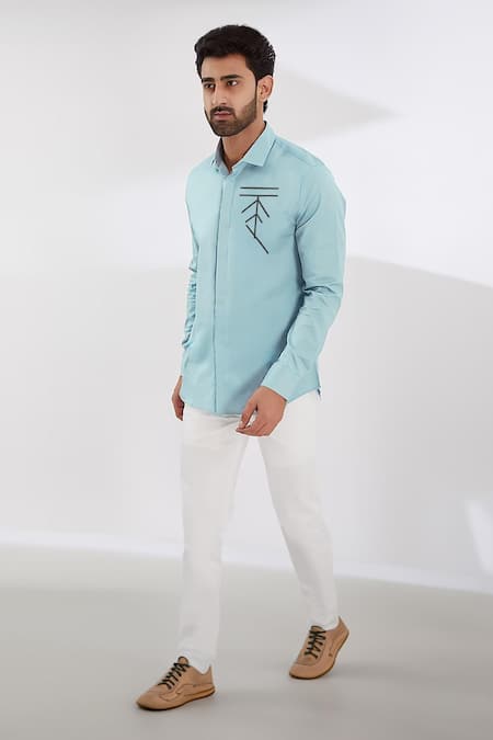 Hespoke_Blue Cotton, Lycra Embroidery Geometric Casual Shirt _Online_at_Aza_Fashions
