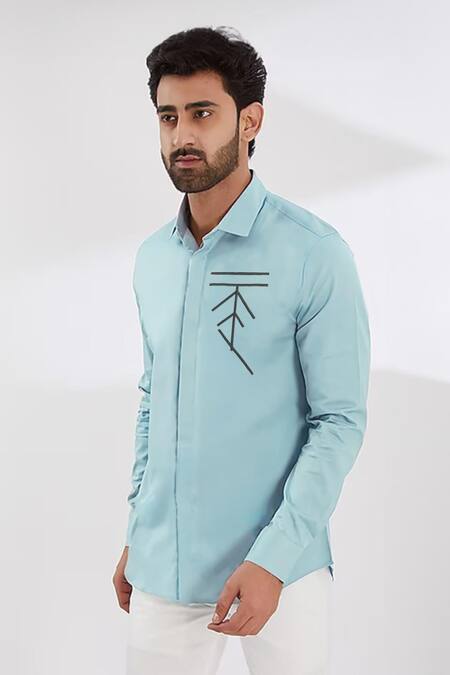 Buy_Hespoke_Blue Cotton, Lycra Embroidery Geometric Casual Shirt _Online_at_Aza_Fashions
