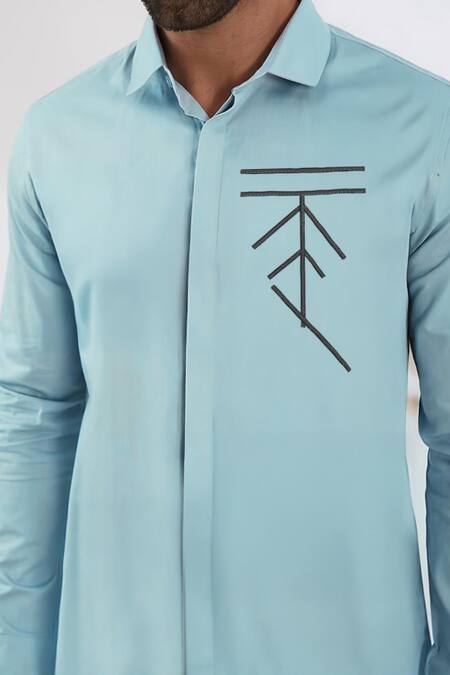 Shop_Hespoke_Blue Cotton, Lycra Embroidery Geometric Casual Shirt _Online_at_Aza_Fashions