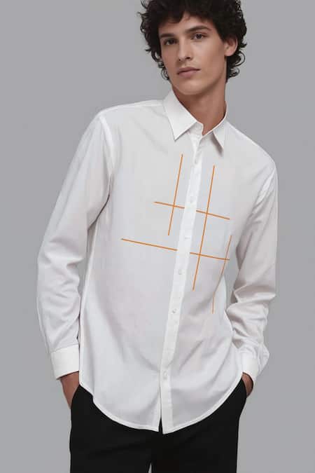 Buy_Hespoke_White Cotton Embroidery Geometric Casual Shirt _Online_at_Aza_Fashions