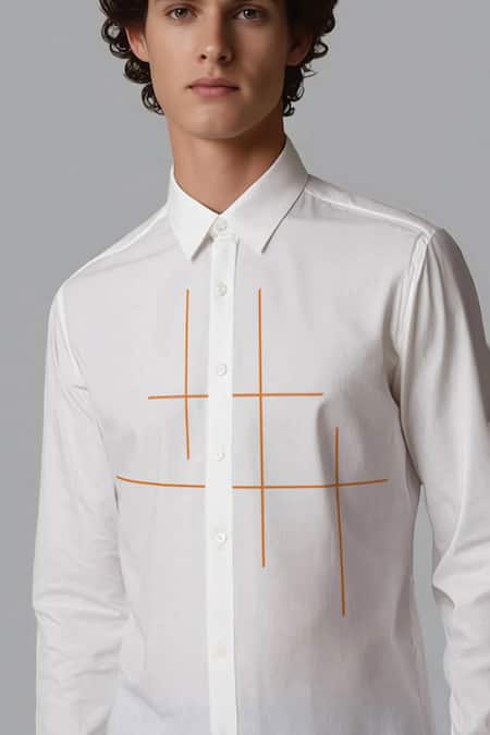 Shop_Hespoke_White Cotton Embroidery Geometric Casual Shirt _Online_at_Aza_Fashions