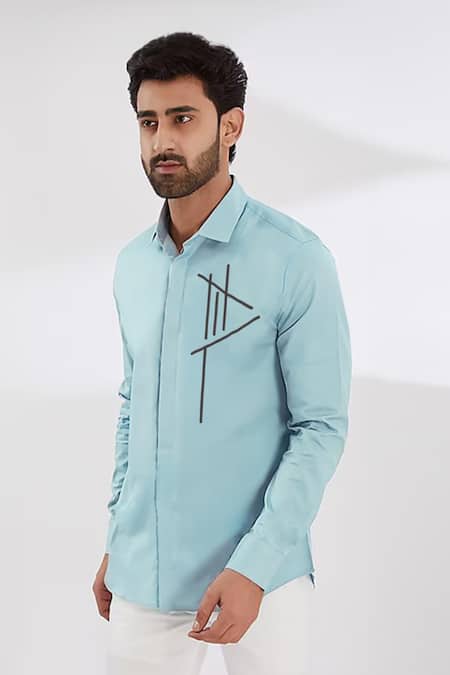 Hespoke_Blue Cotton, Lycra Embroidery Geometric Casual Shirt _Online_at_Aza_Fashions