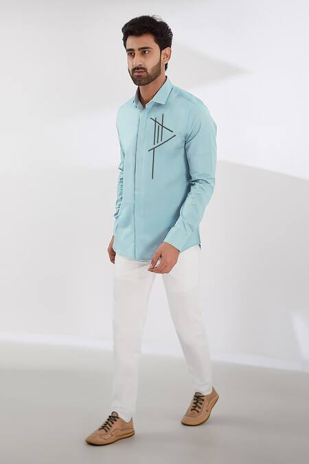Buy_Hespoke_Blue Cotton, Lycra Embroidery Geometric Casual Shirt _Online_at_Aza_Fashions