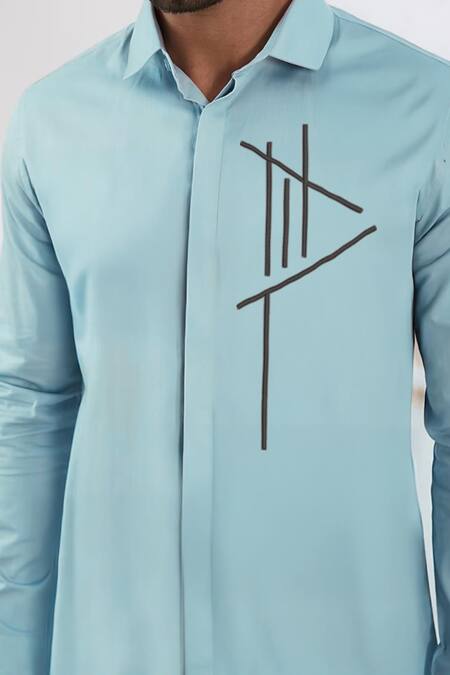 Hespoke_Blue Cotton, Lycra Embroidery Geometric Casual Shirt _at_Aza_Fashions
