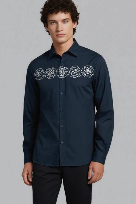 Hespoke_Navy Cotton Embroidery Floral Printed Casual Shirt _Online_at_Aza_Fashions