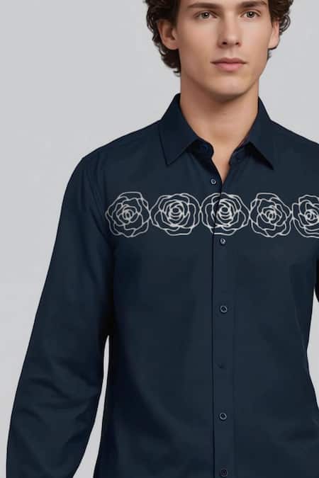 Buy_Hespoke_Navy Cotton Embroidery Floral Printed Casual Shirt _Online_at_Aza_Fashions