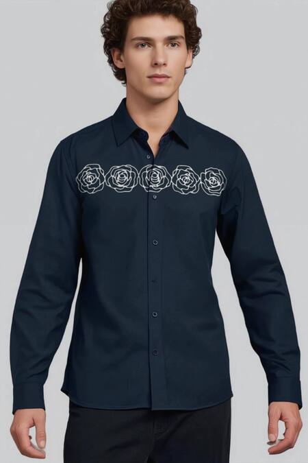 Shop_Hespoke_Navy Cotton Embroidery Floral Printed Casual Shirt _Online_at_Aza_Fashions