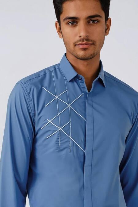 Hespoke_Blue Cotton, Lycra Embroidery Geometric Casual Shirt _Online_at_Aza_Fashions