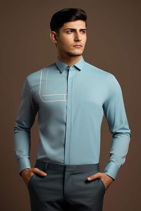 Buy_Hespoke_Blue Cotton, Lycra Embroidery Geometric Casual Shirt _Online_at_Aza_Fashions