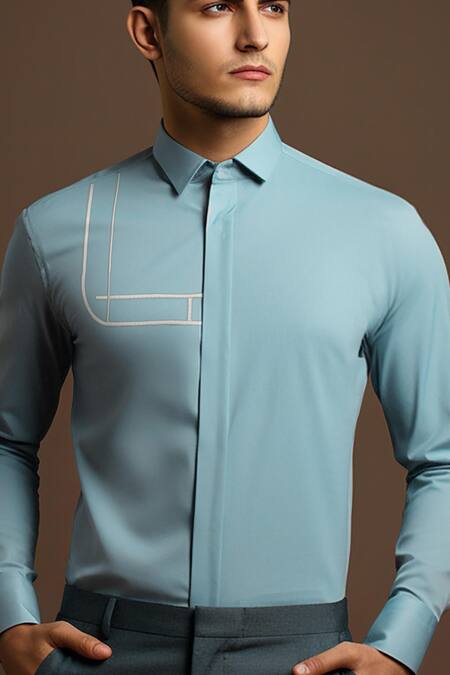 Shop_Hespoke_Blue Cotton, Lycra Embroidery Geometric Casual Shirt _Online_at_Aza_Fashions