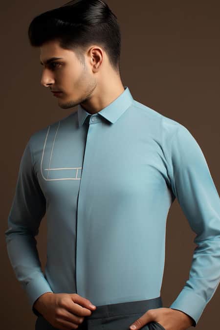 Hespoke_Blue Cotton, Lycra Embroidery Geometric Casual Shirt _at_Aza_Fashions