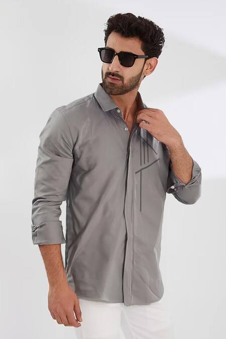 Hespoke_Gray Cotton, Lycra Embroidery Geometric Casual Shirt _Online_at_Aza_Fashions