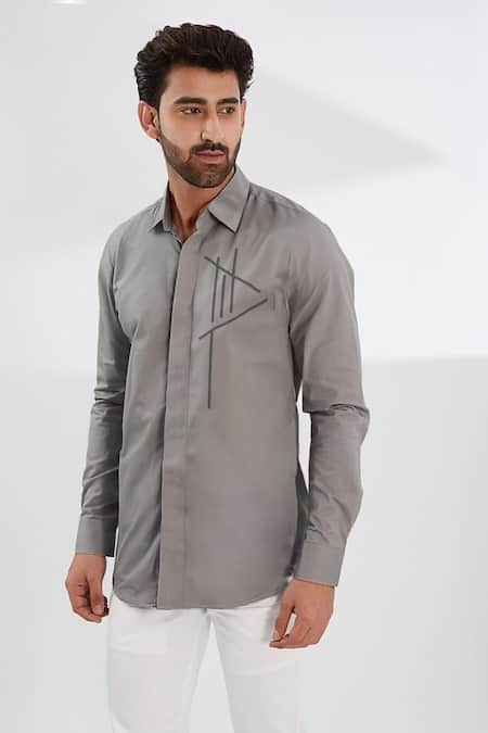 Buy_Hespoke_Gray Cotton, Lycra Embroidery Geometric Casual Shirt _Online_at_Aza_Fashions