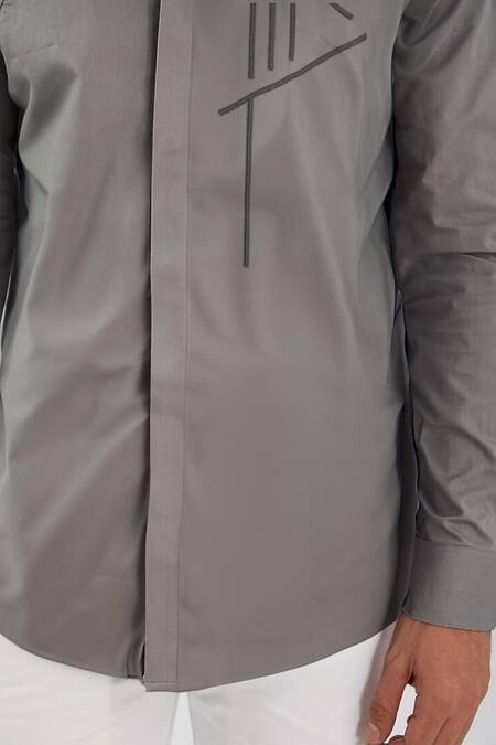 Shop_Hespoke_Gray Cotton, Lycra Embroidery Geometric Casual Shirt _Online_at_Aza_Fashions
