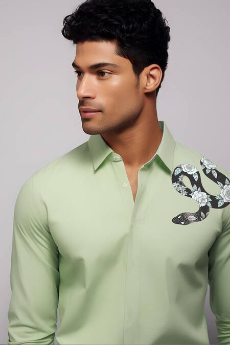 Hespoke Green Cotton, Lycra Embroidery Printed Casual Shirt Online at Aza Fashions Hespoke_Green Cotton, Lycra Embroidery Printed Casual Shirt _Online_at_Aza_Fashions