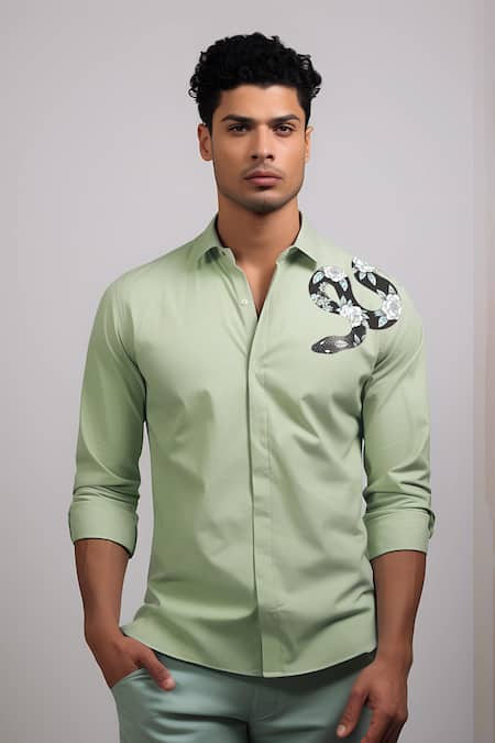 Shop Hespoke Green Cotton, Lycra Embroidery Printed Casual Shirt Online at Aza Fashions Shop_Hespoke_Green Cotton, Lycra Embroidery Printed Casual Shirt _Online_at_Aza_Fashions