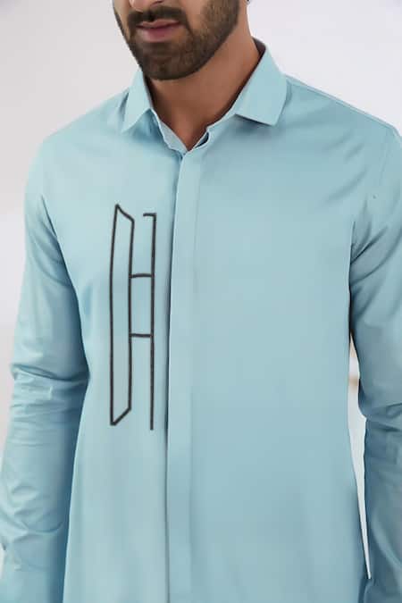 Hespoke Blue Cotton, Lycra Embroidery Geometric Casual Shirt Online at Aza Fashions Hespoke_Blue Cotton, Lycra Embroidery Geometric Casual Shirt _Online_at_Aza_Fashions