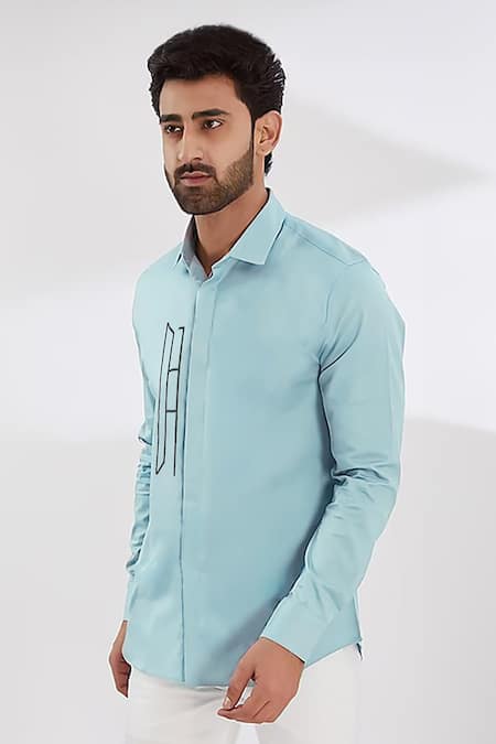 Shop Hespoke Blue Cotton, Lycra Embroidery Geometric Casual Shirt Online at Aza Fashions Shop_Hespoke_Blue Cotton, Lycra Embroidery Geometric Casual Shirt _Online_at_Aza_Fashions
