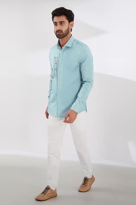 Hespoke Blue Cotton, Lycra Embroidery Geometric Casual Shirt at Aza Fashions Hespoke_Blue Cotton, Lycra Embroidery Geometric Casual Shirt _at_Aza_Fashions