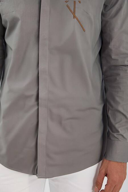Hespoke_Gray Cotton, Lycra Embroidery Grey Geometric Casual Shirt _Online_at_Aza_Fashions