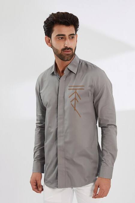 Buy_Hespoke_Gray Cotton, Lycra Embroidery Grey Geometric Casual Shirt _Online_at_Aza_Fashions