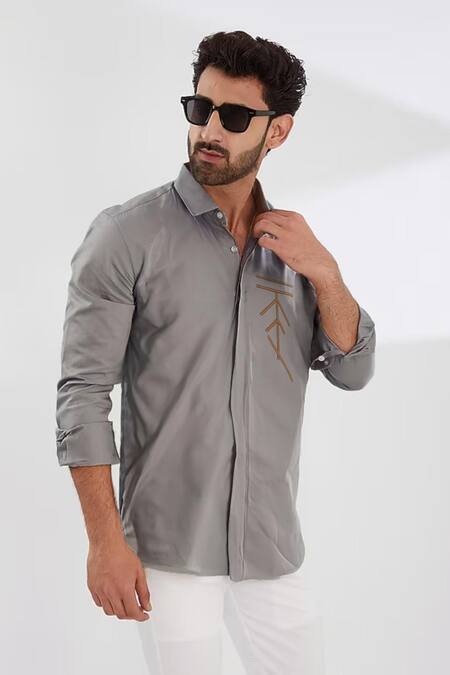 Shop_Hespoke_Gray Cotton, Lycra Embroidery Grey Geometric Casual Shirt _Online_at_Aza_Fashions