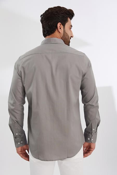 Hespoke Grey Geometric Embroidered Casual Shirt 