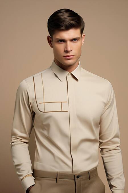 Hespoke Cream Cotton, Lycra Embroidery Geometric Casual Shirt Online at Aza Fashions Hespoke_Cream Cotton, Lycra Embroidery Geometric Casual Shirt _Online_at_Aza_Fashions