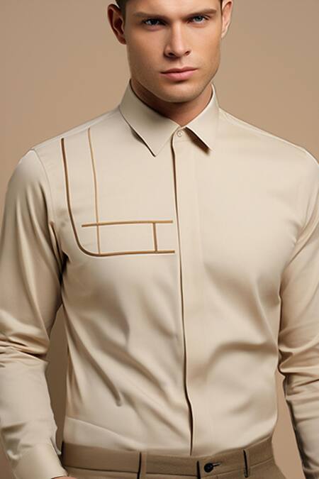 Buy Hespoke Cream Cotton, Lycra Embroidery Geometric Casual Shirt Online at Aza Fashions Buy_Hespoke_Cream Cotton, Lycra Embroidery Geometric Casual Shirt _Online_at_Aza_Fashions