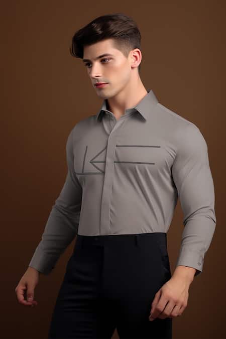 Hespoke_Gray Cotton, Lycra Embroidery Geometric Casual Shirt _Online_at_Aza_Fashions