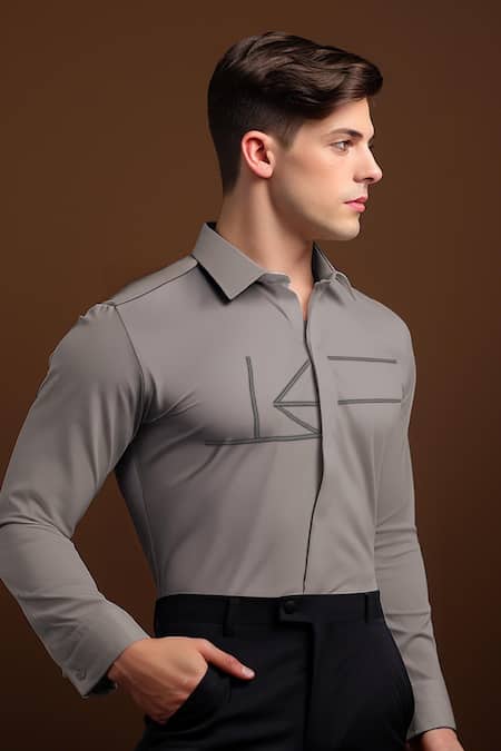 Buy_Hespoke_Gray Cotton, Lycra Embroidery Geometric Casual Shirt _Online_at_Aza_Fashions