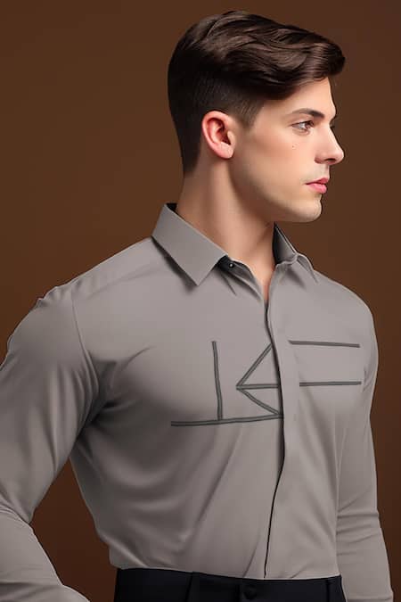 Shop_Hespoke_Gray Cotton, Lycra Embroidery Geometric Casual Shirt _Online_at_Aza_Fashions