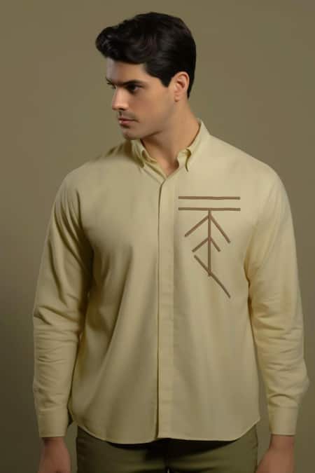 Hespoke Cream Cotton, Lycra Embroidery Geometric Casual Shirt Online at Aza Fashions Hespoke_Cream Cotton, Lycra Embroidery Geometric Casual Shirt _Online_at_Aza_Fashions