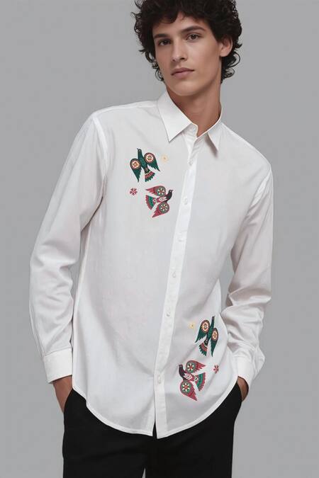 Hespoke_White Cotton Embroidery Printed Casual Shirt _Online_at_Aza_Fashions