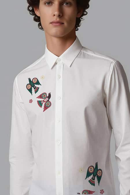 Buy_Hespoke_White Cotton Embroidery Printed Casual Shirt _Online_at_Aza_Fashions