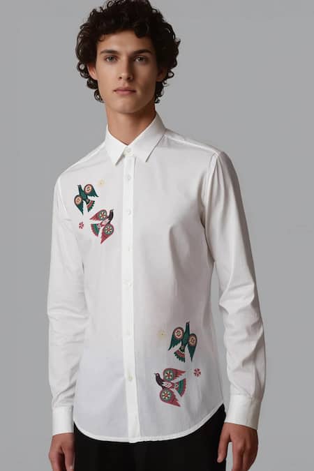 Shop_Hespoke_White Cotton Embroidery Printed Casual Shirt _Online_at_Aza_Fashions